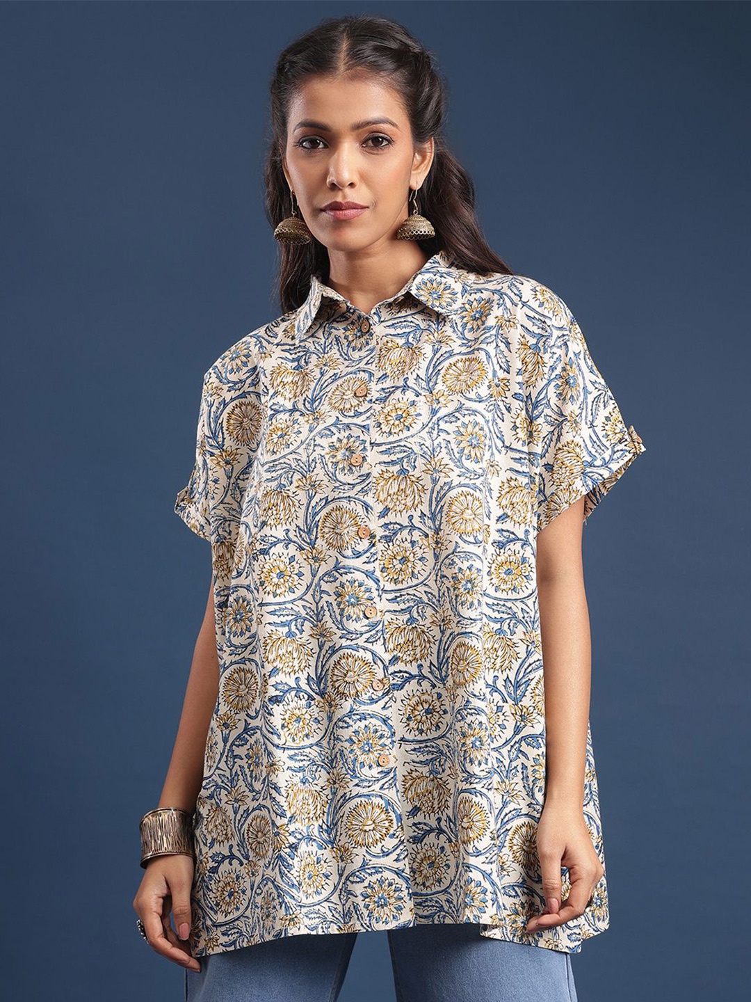 

Taavi Printed Cotton Shirt Collar Neck Tunic, White