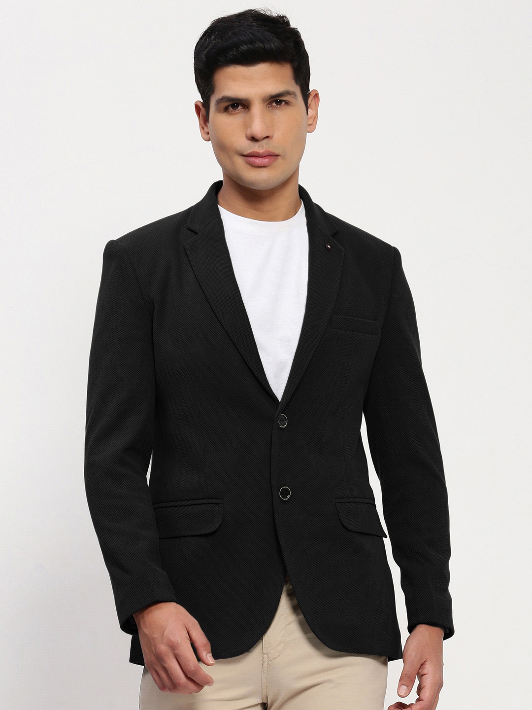 

SHOWOFF Self Design Cotton Notched Collar Slim Fit Singe Breasted Blazer, Black