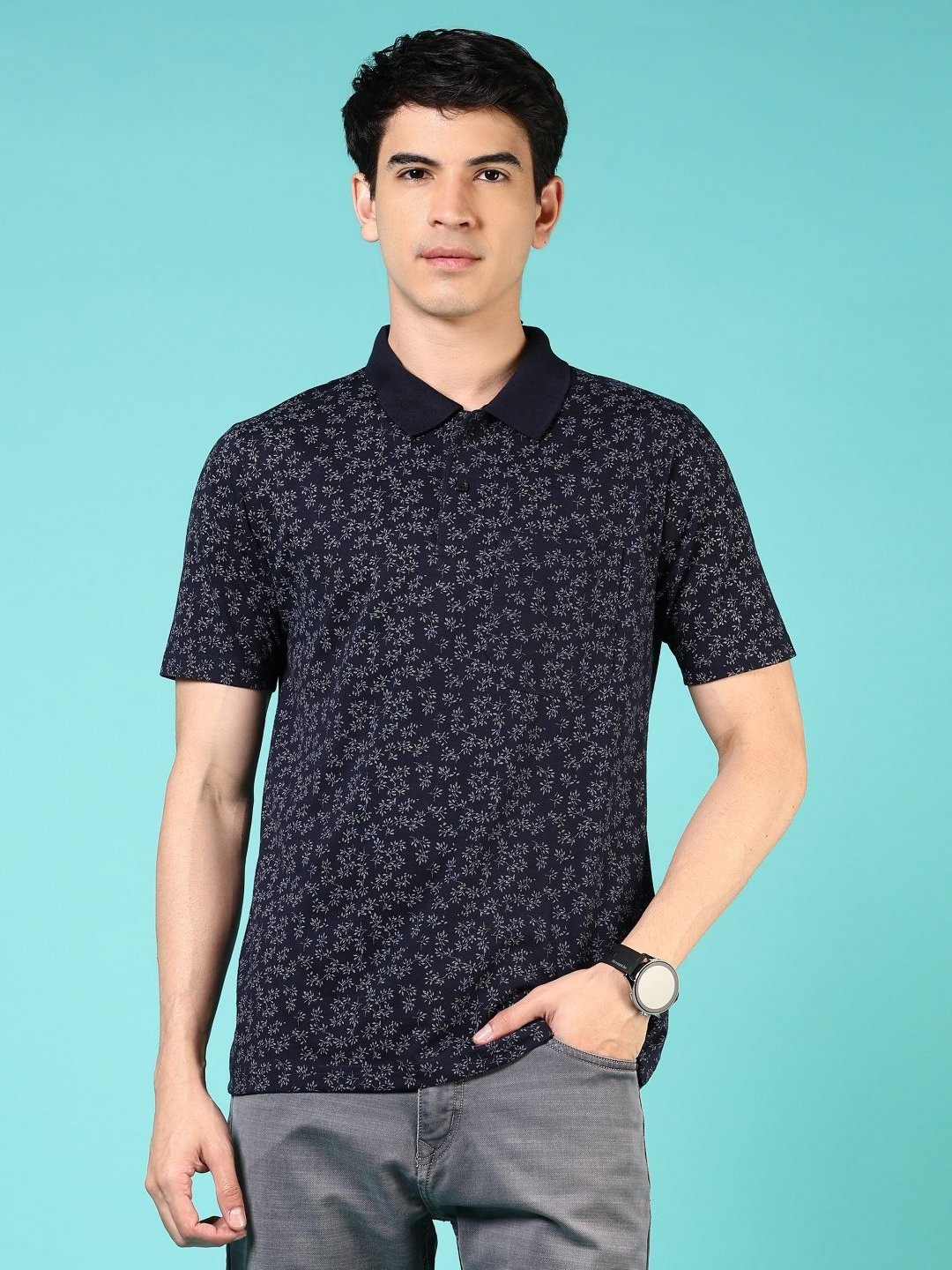 

V-Mart Men Printed Polo Collar Ethnic Pockets T-shirt, Navy blue
