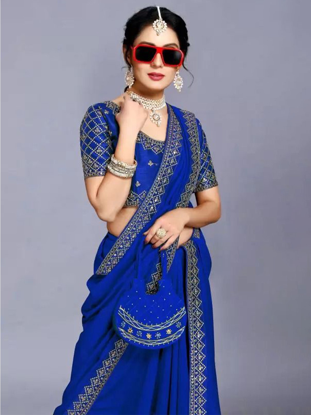 

KALINI Beads and Stones Poly Georgette Banarasi Saree, Blue