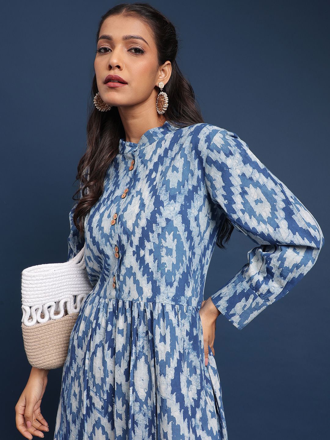 

Taavi Indigo Printed Pure Cotton Fit & Flare Dress, Blue