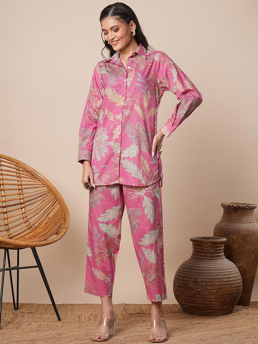 

FASHOR Printed Pure Cotton Shirt With Trousers Co-Ords, Pink