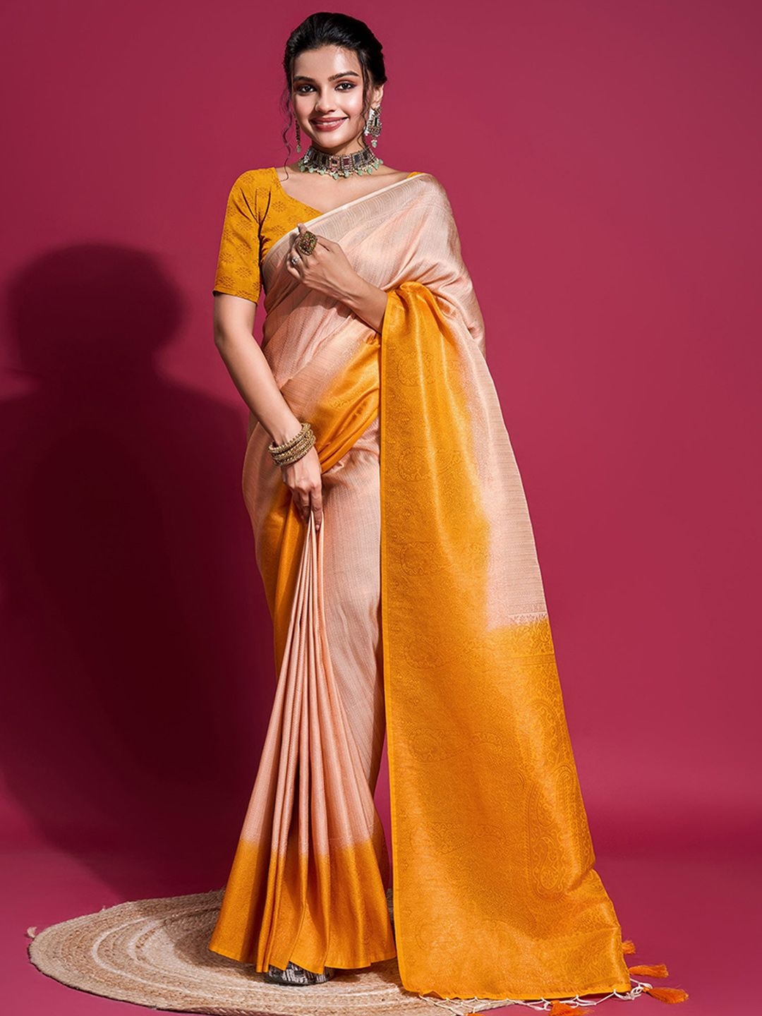 

Peachmode Woven Design Zari Silk Blend Kanjeevaram Saree, Peach