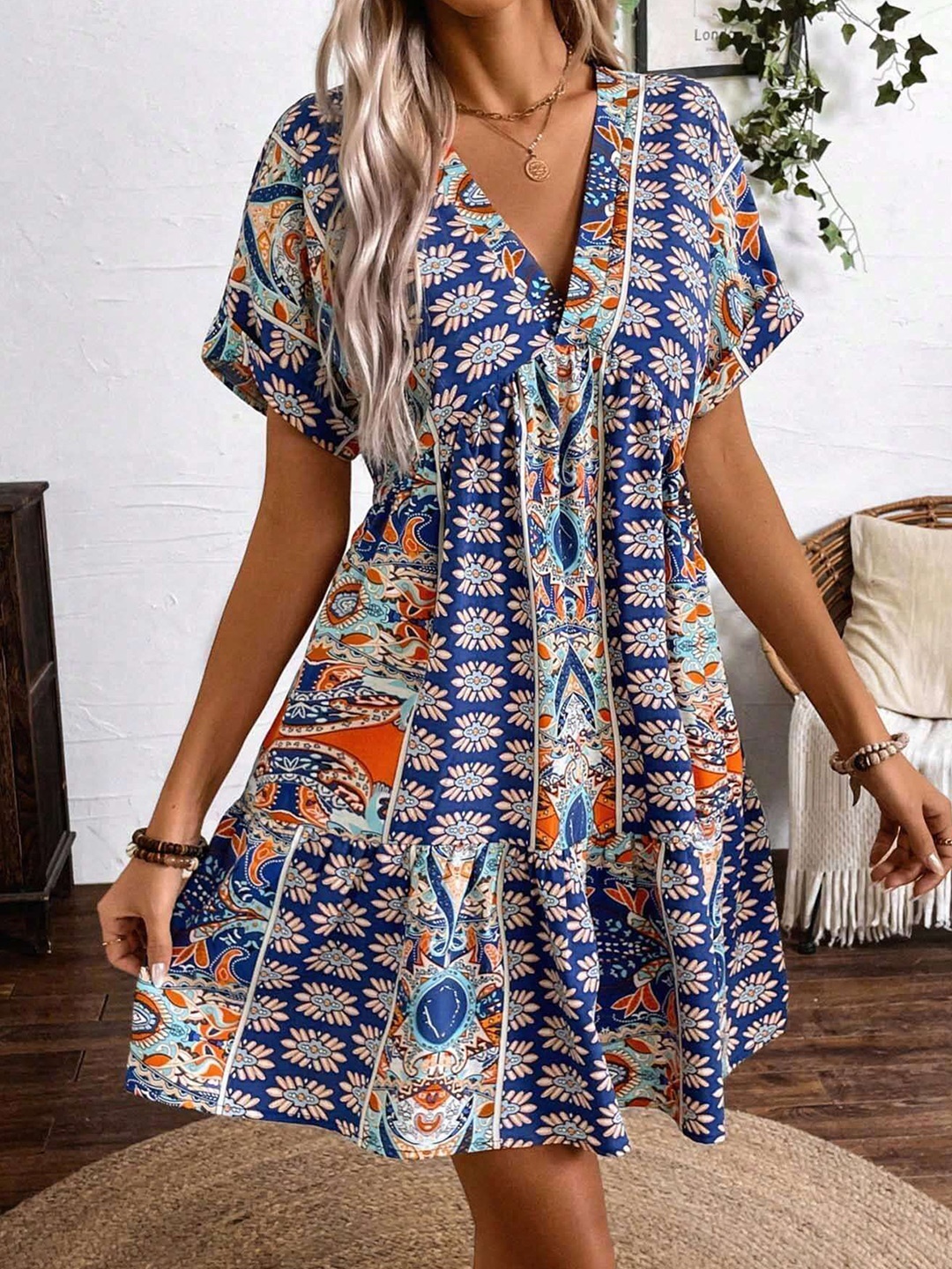 

all about you Tropical Print A-Line Dress, Blue