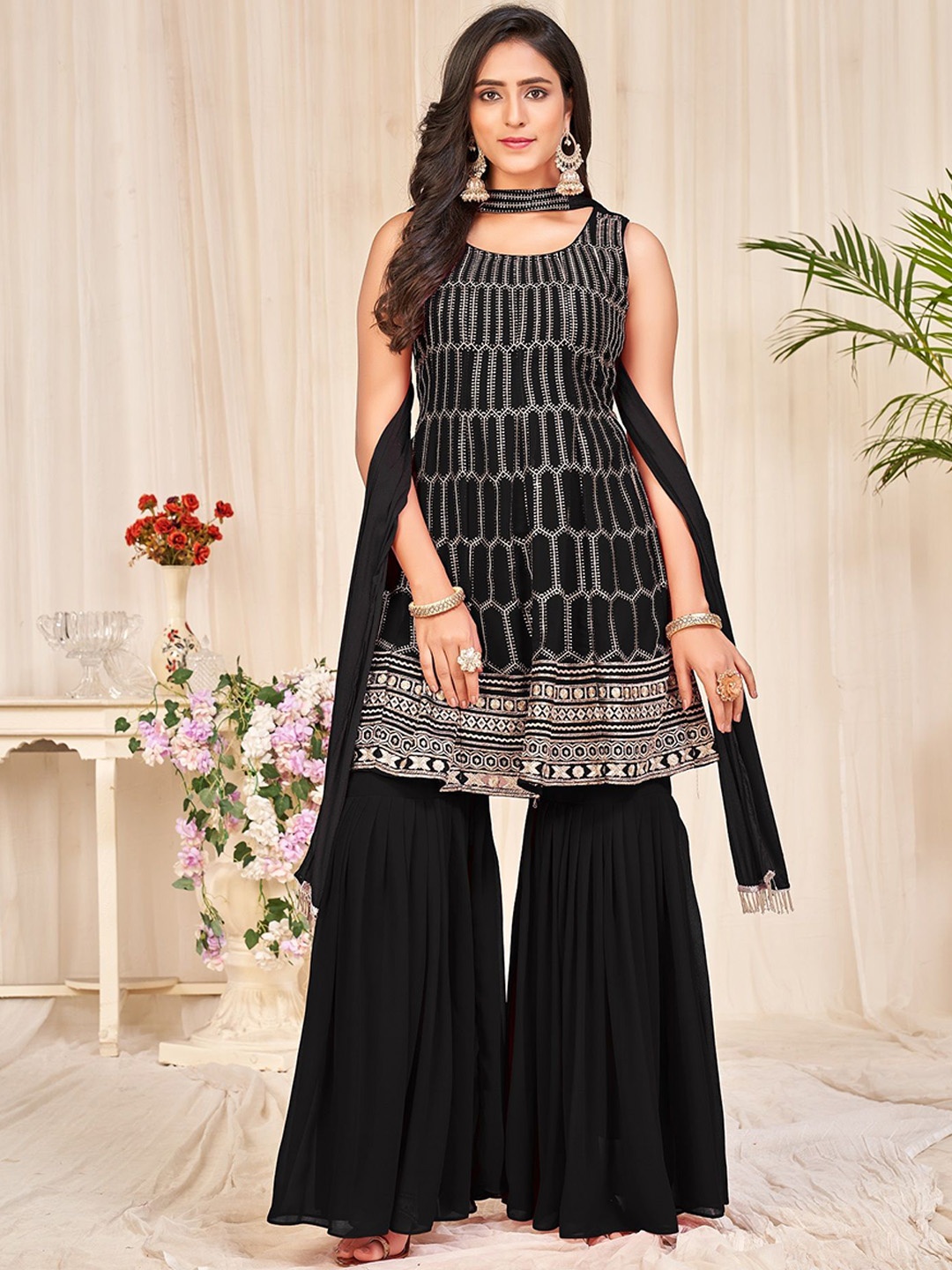 

KALINI Embroidered Semi-Stitched Dress Material, Black