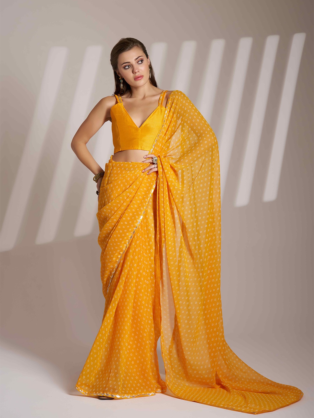 

HERE&NOW Bandhani Poly Georgette Tussar Saree, Yellow