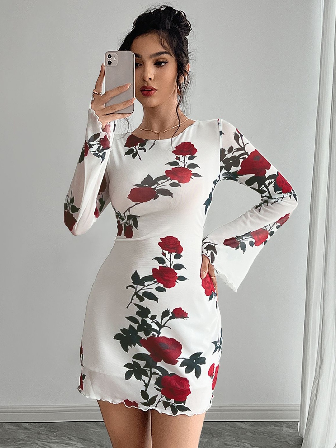 

all about you Floral Print Flared Sleeve Bodycon Dress, White