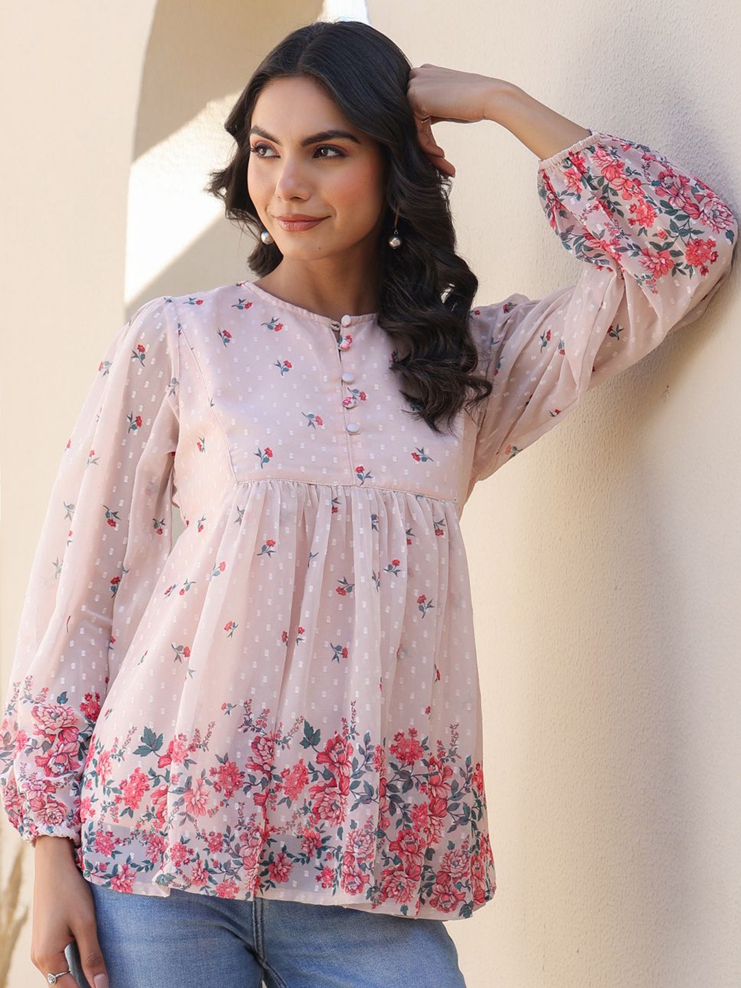 

Janasya Women Peach Georgette Floral Printed Flared Top