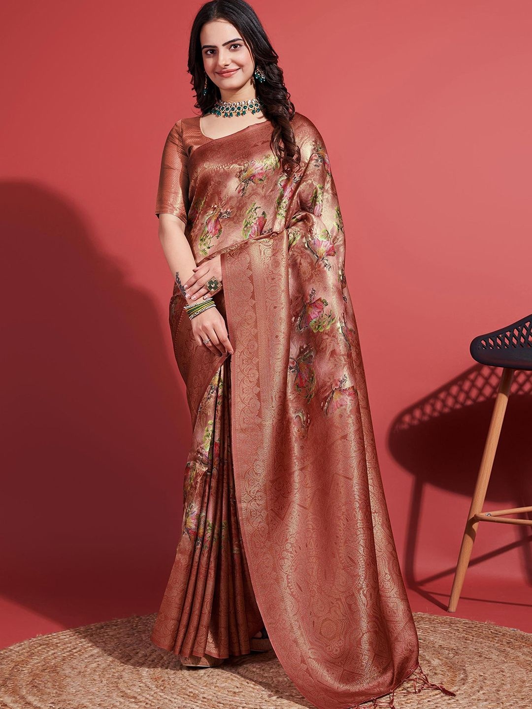 

Peachmode Woven Design Zari Pure Silk Banarasi Saree, Brown