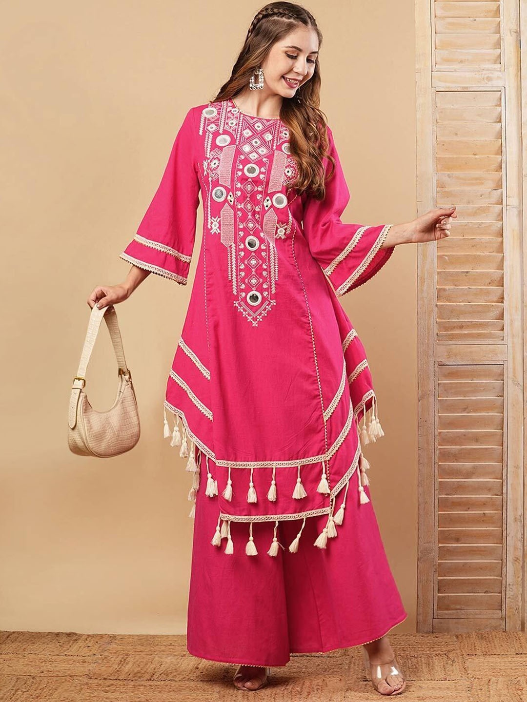 

Moda Rapido Women Floral Embroidered Regular Thread Work Top with Trousers, Pink