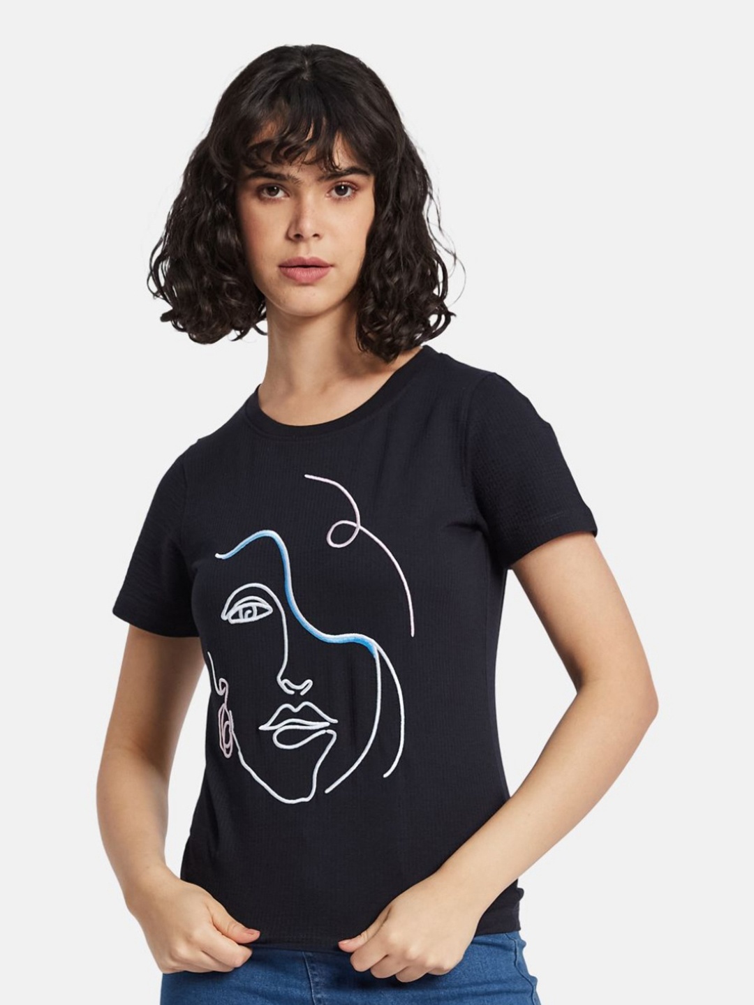 

METTLE Women Printed T-shirt, Navy blue
