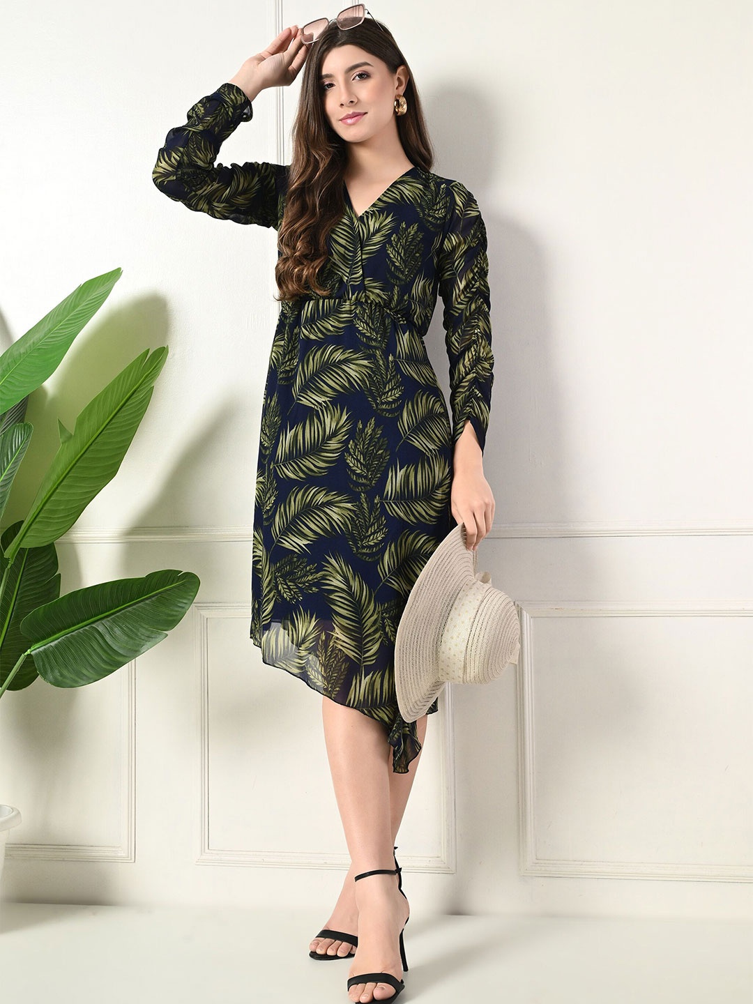 

FLYING FEST Tropical Print Georgette Midi Dress, Navy blue