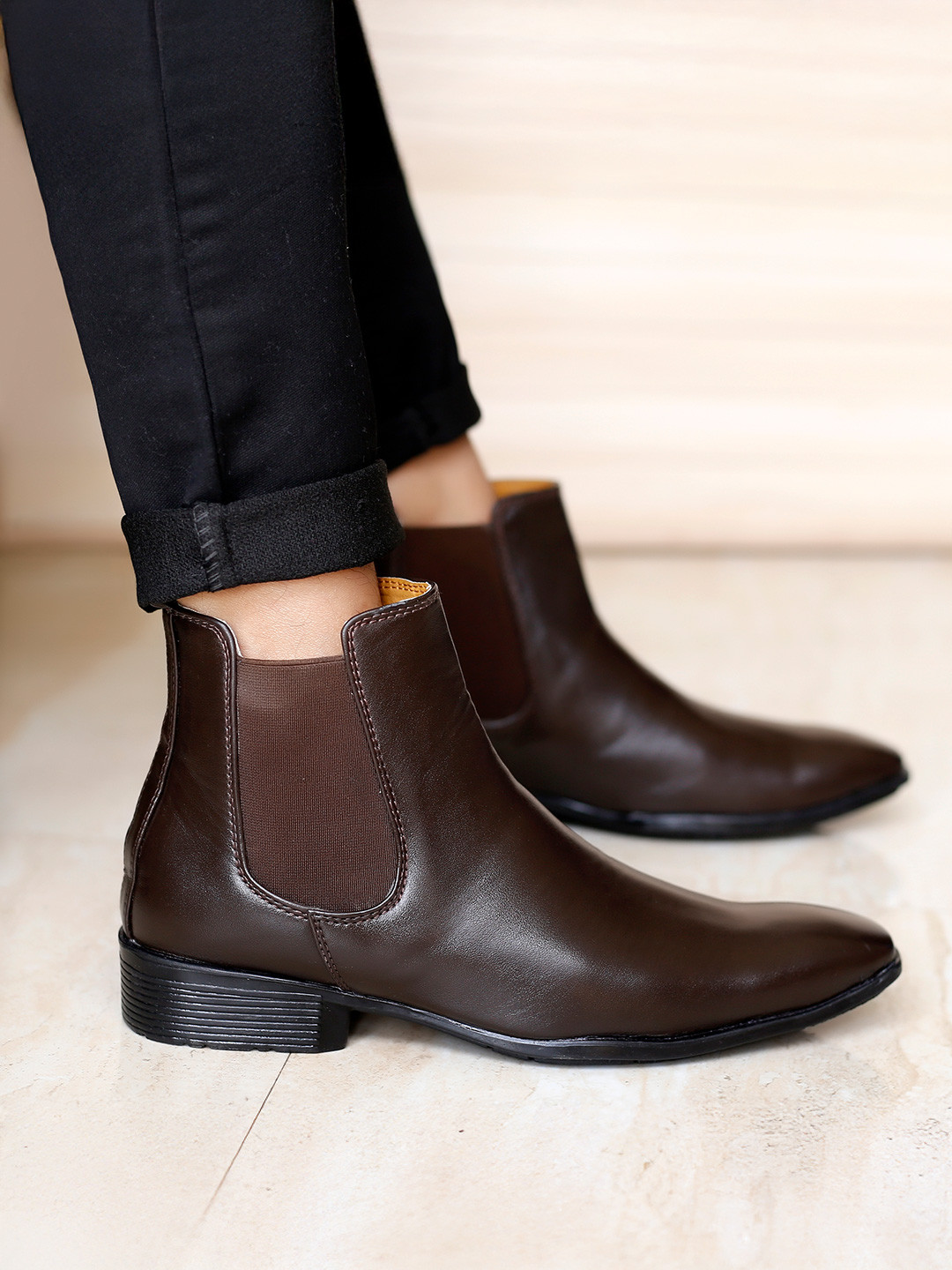 

riffway Men Height Increasing Slip On Block Heel Boots, Brown