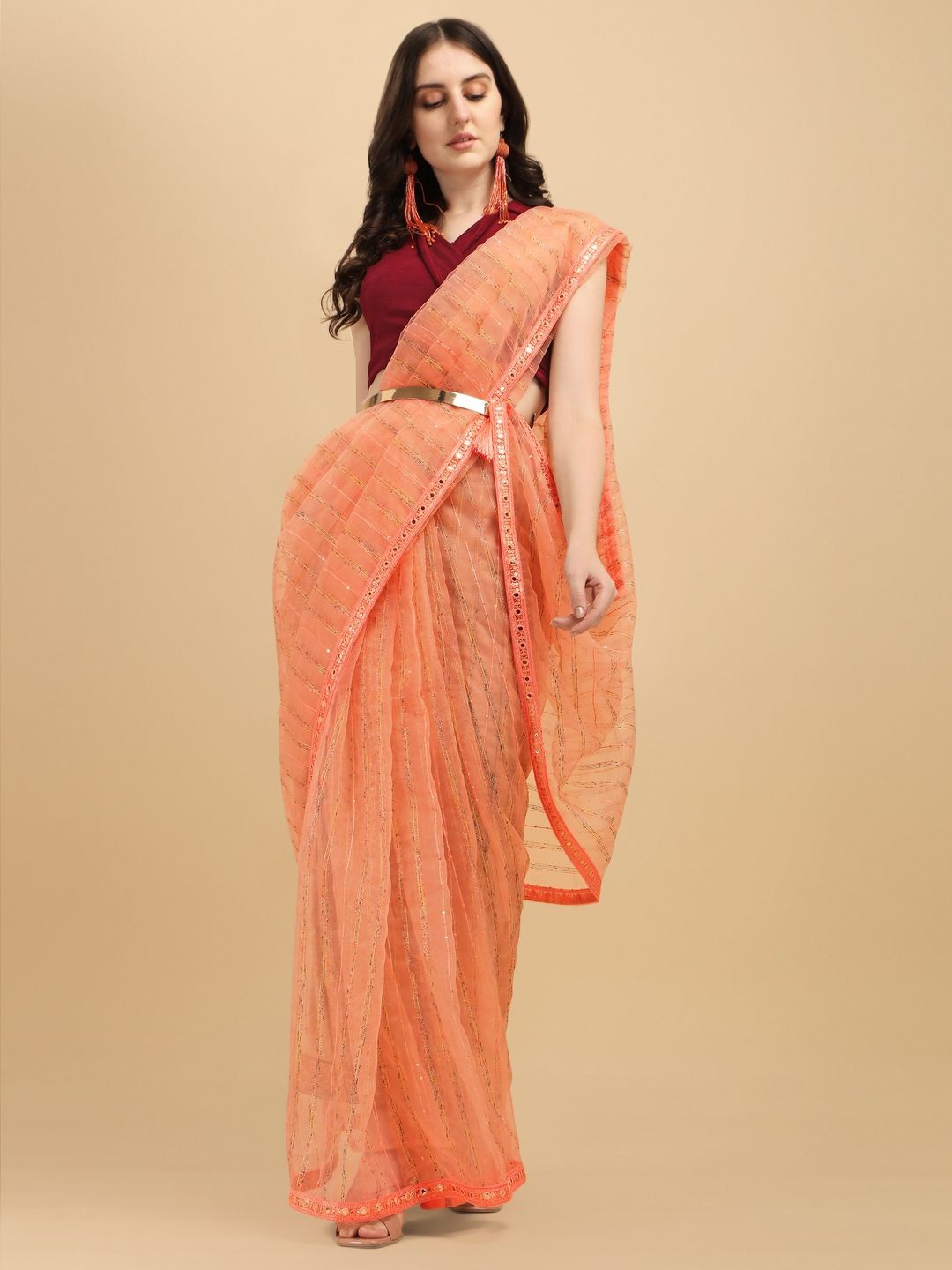 

Suha Embellished Sequinned Art Silk Saree, Peach