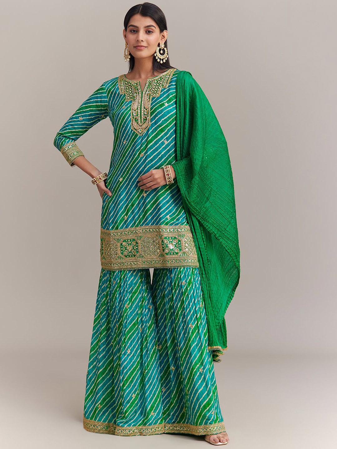 

KALKI Fashion Women Leheriya Embroidered Regular Zardozi Kurta with Sharara & With Dupatta, Green