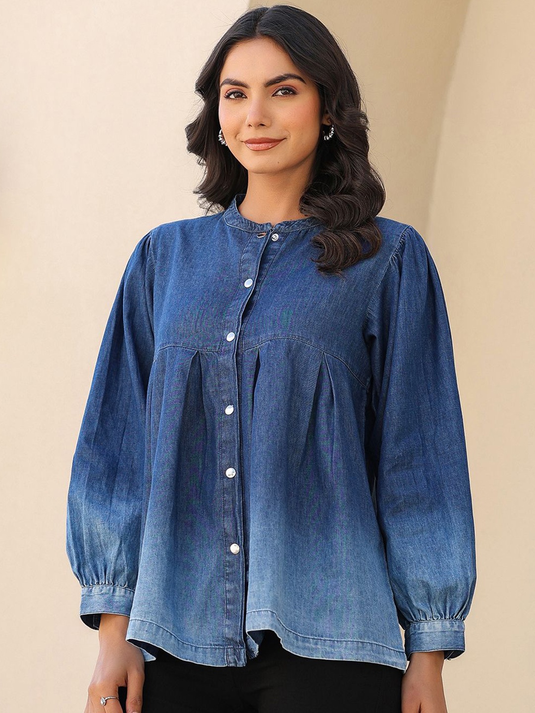 

Janasya Mandarin Collar Puff Sleeve Denim Top, Blue