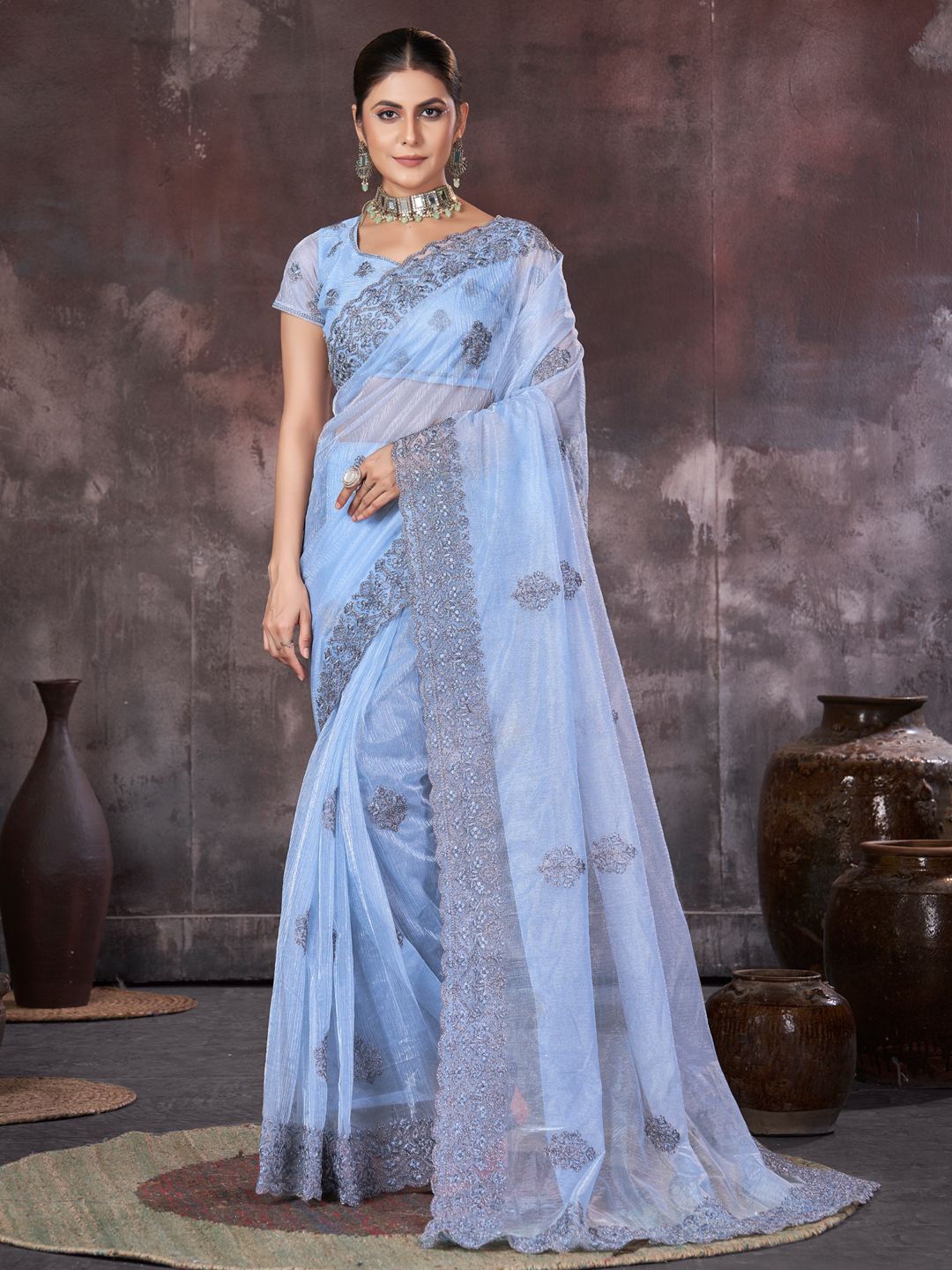 

LeeliPeeri Designer Floral Embroidered Organza Saree, Blue