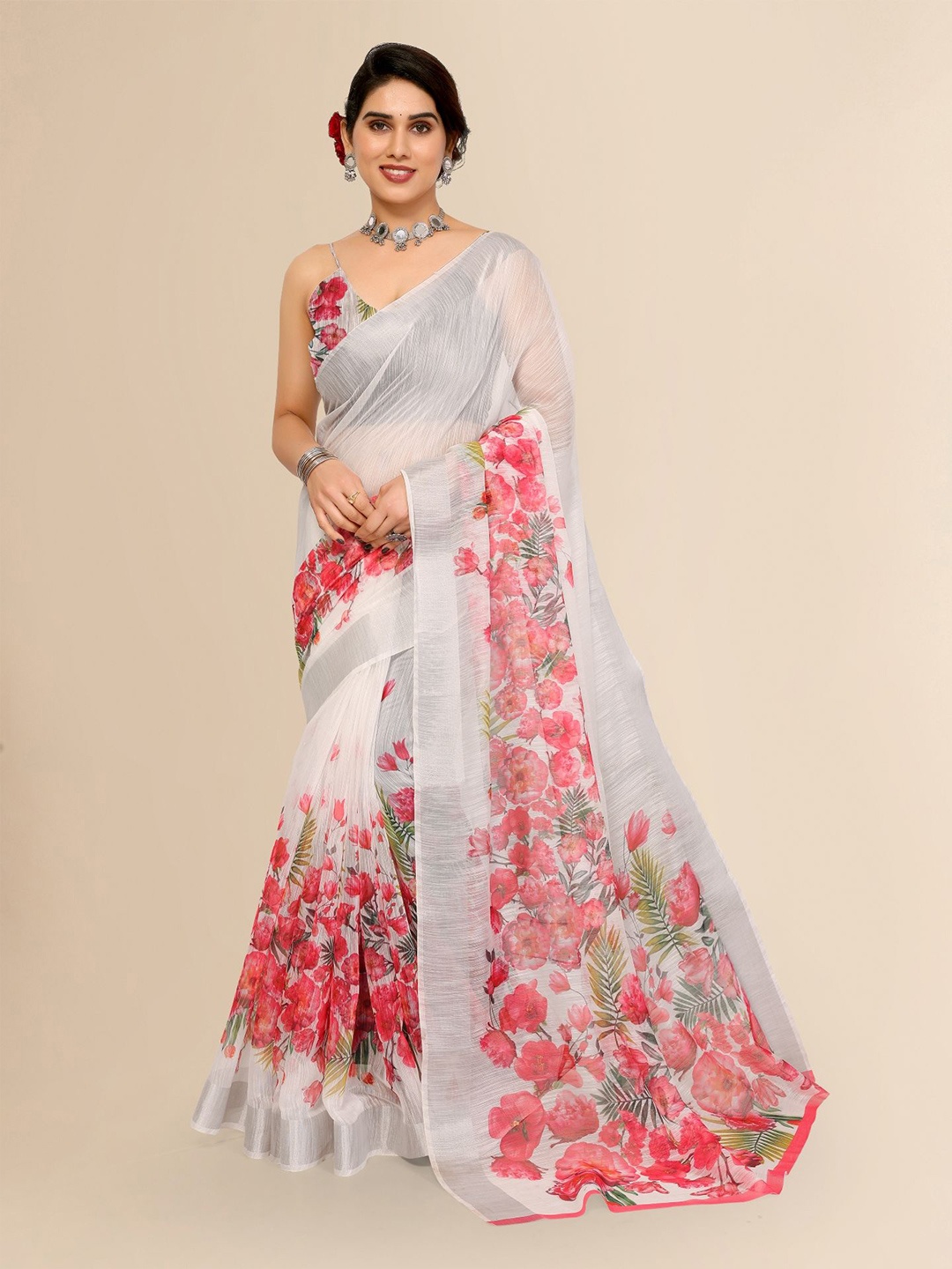 

Moda Rapido Floral Zari Saree, White