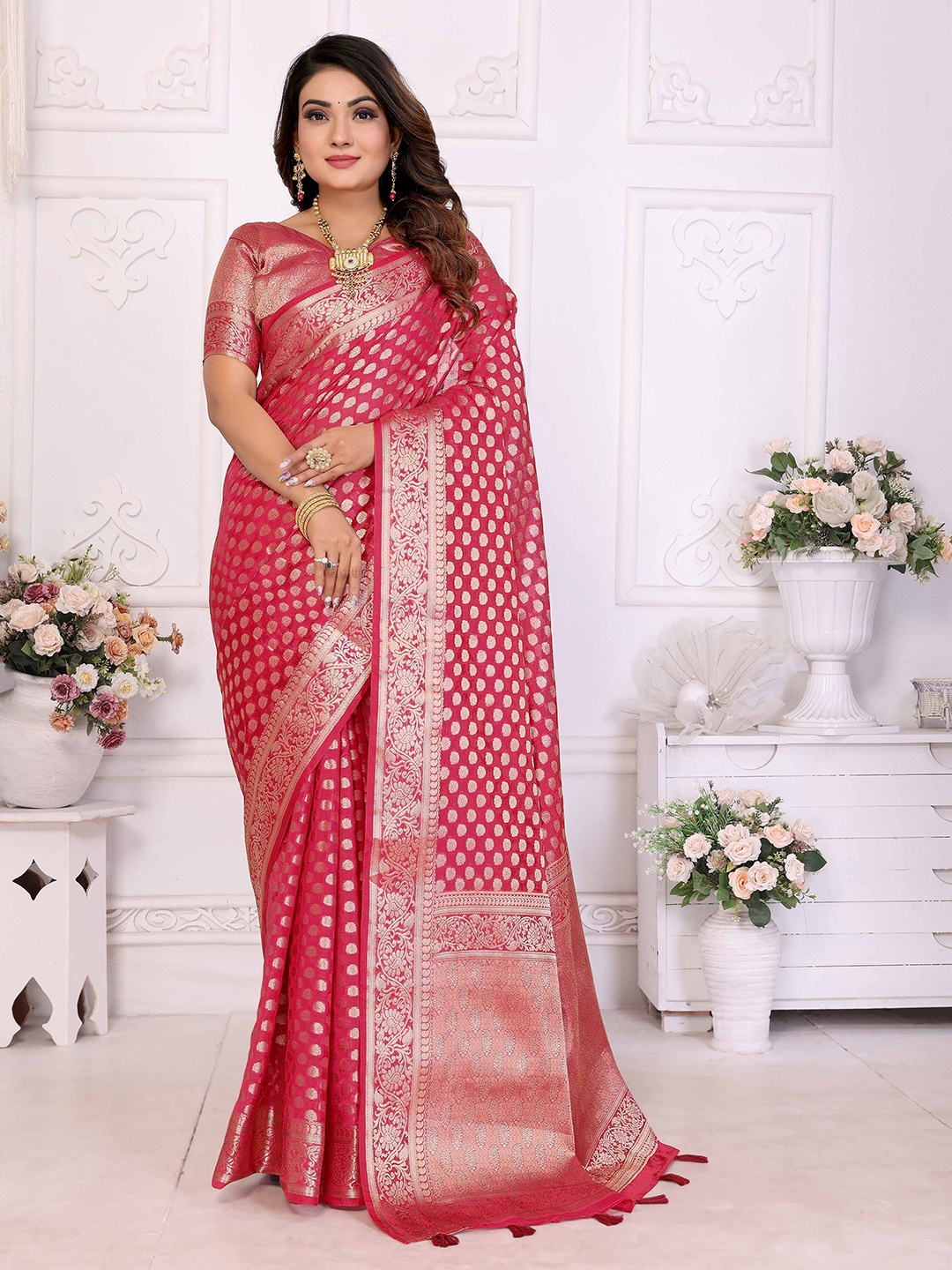 

HEER FASHION Woven Design Zari Organza Banarasi Saree, Pink