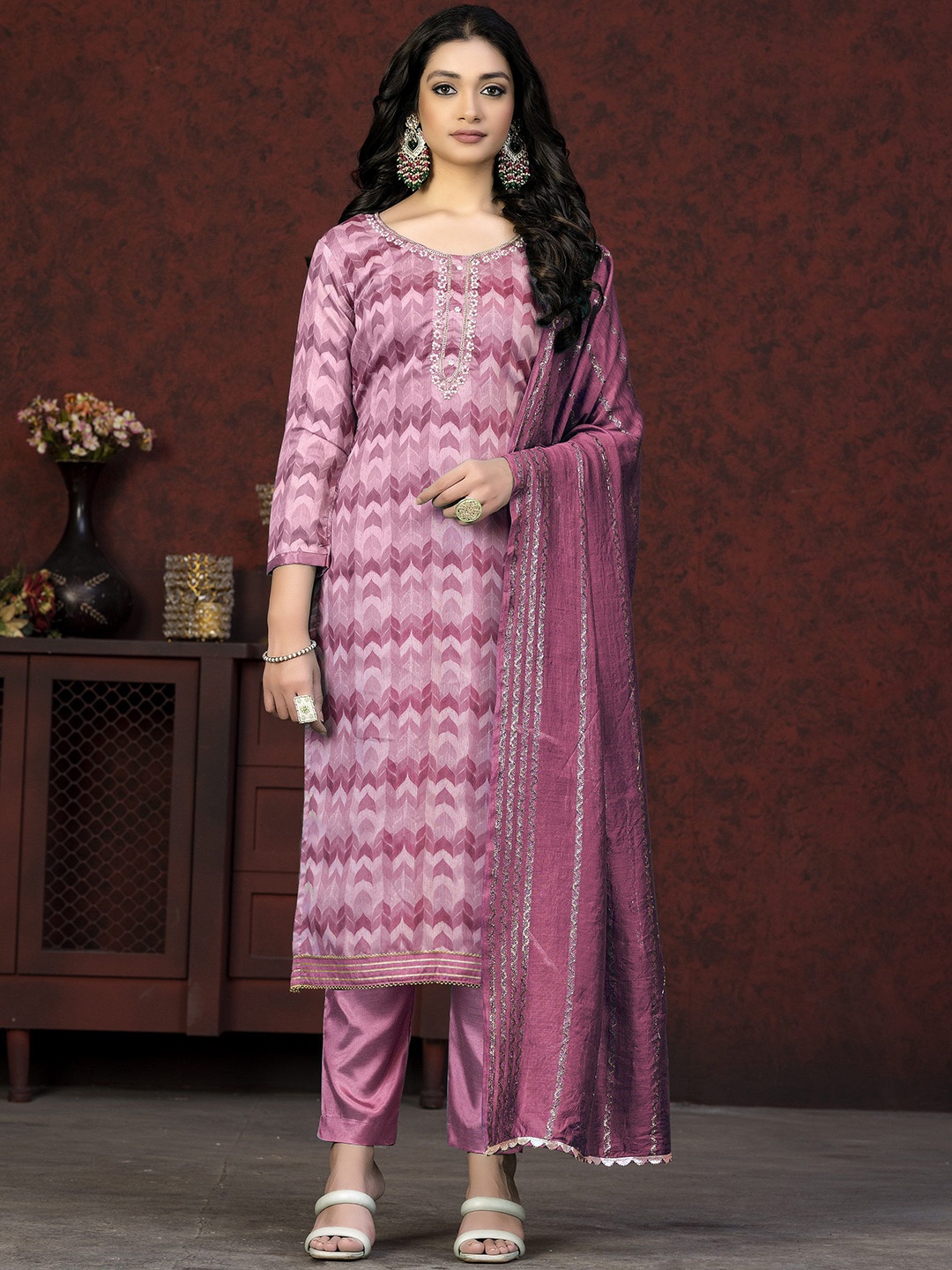 

SAINOOR Printed Semi-Stitched Dress Material, Peach