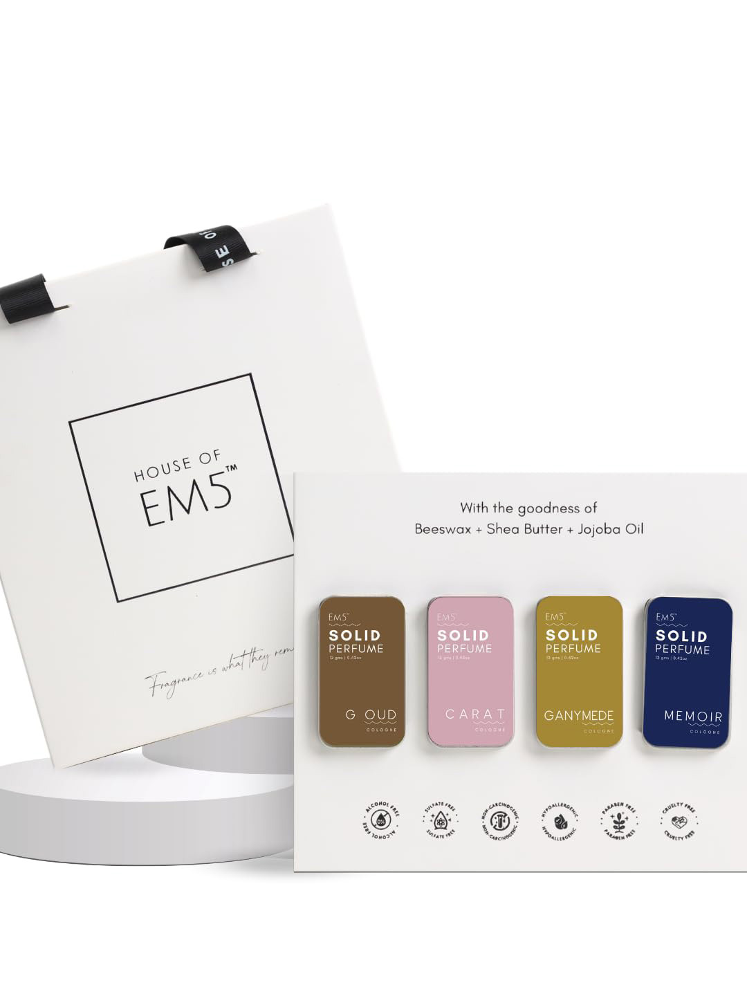 

EM5 Women Set Of 4 Memoir, Ganymede, G oud & Carat Long Lasting Solid Perfume - 12 g Each, Transparent