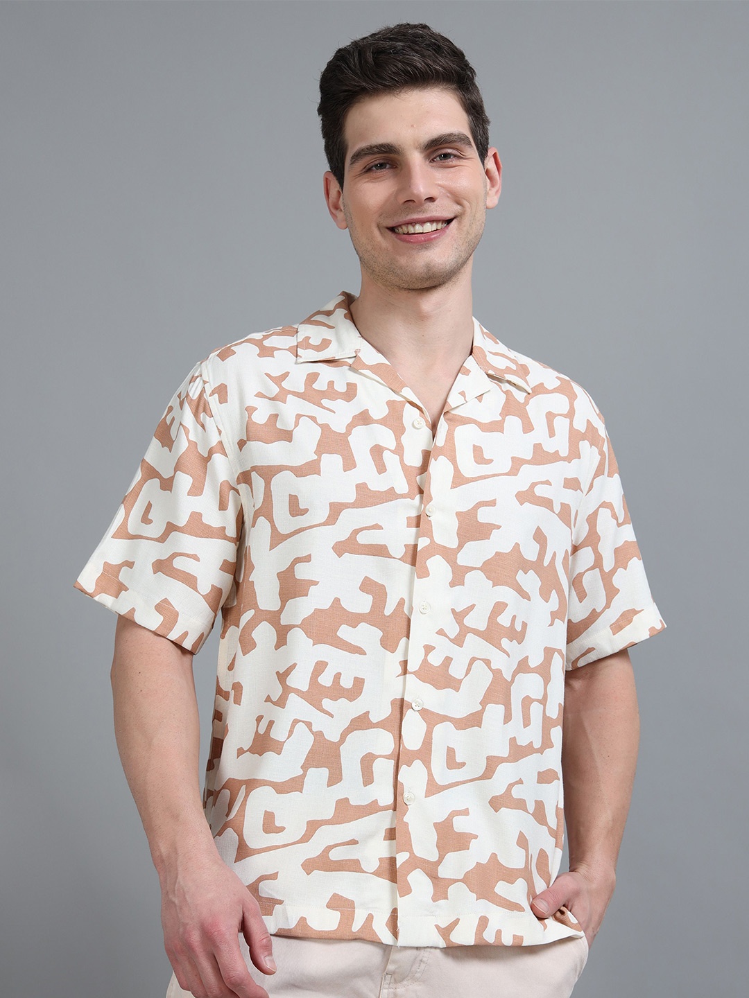 

StitchX Men Short Sleeve Camo Printed Linen Look Shirt, Beige