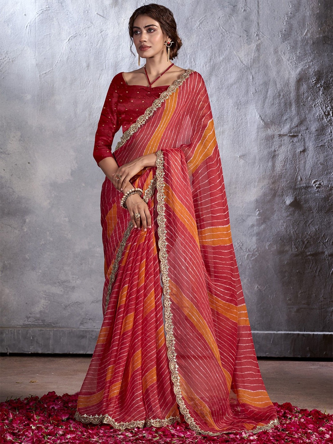 

LeeliPeeri Designer Leheriya Sequinned Poly Chiffon Saree, Pink
