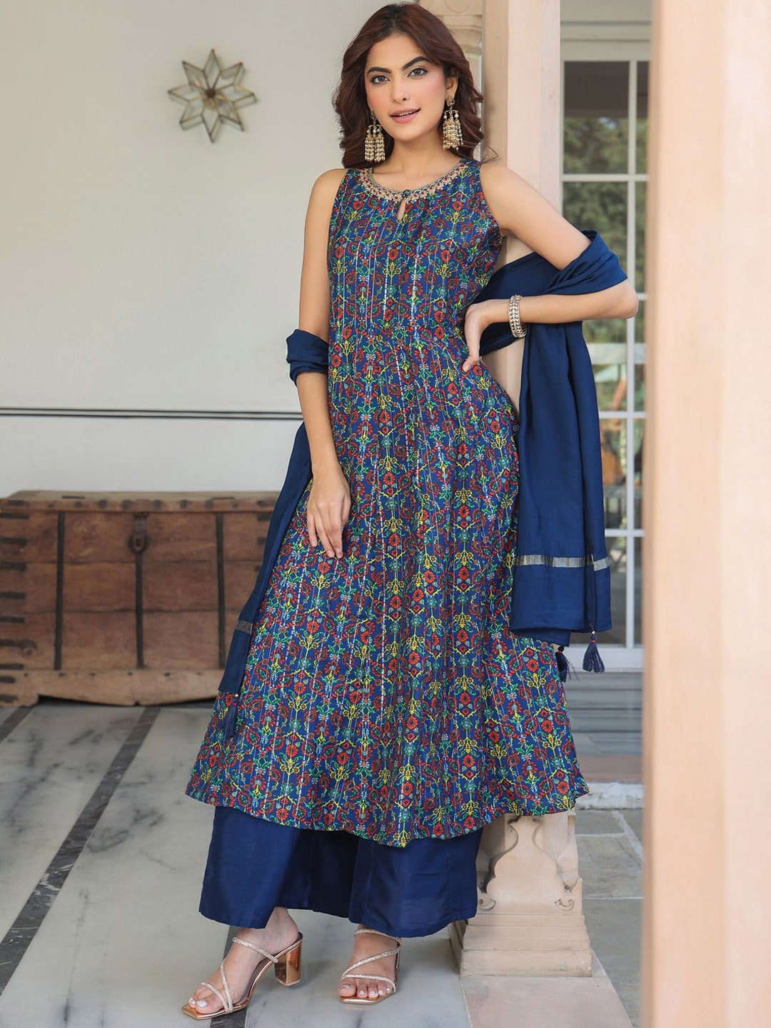 

KALINI Women Ethnic Motifs Printed Pleated Thread Work Kurta with Palazzos & With Dupatta, Blue