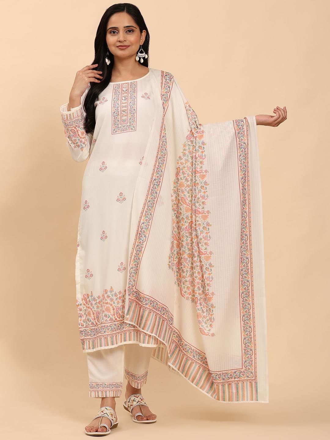 

Mamicha Women Floral Printed Regular Pure Cotton Kurta with Trousers & With Dupatta, Off white