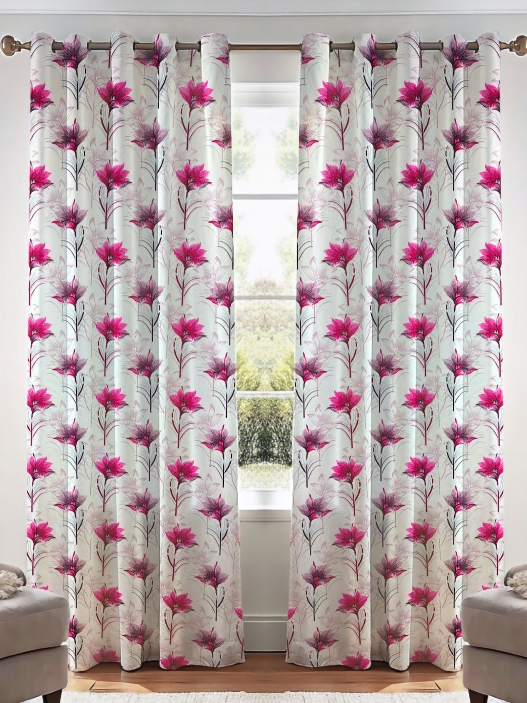 

Kanodia Poly Fab White & Pink Set of 2 Floral Long Door Curtain