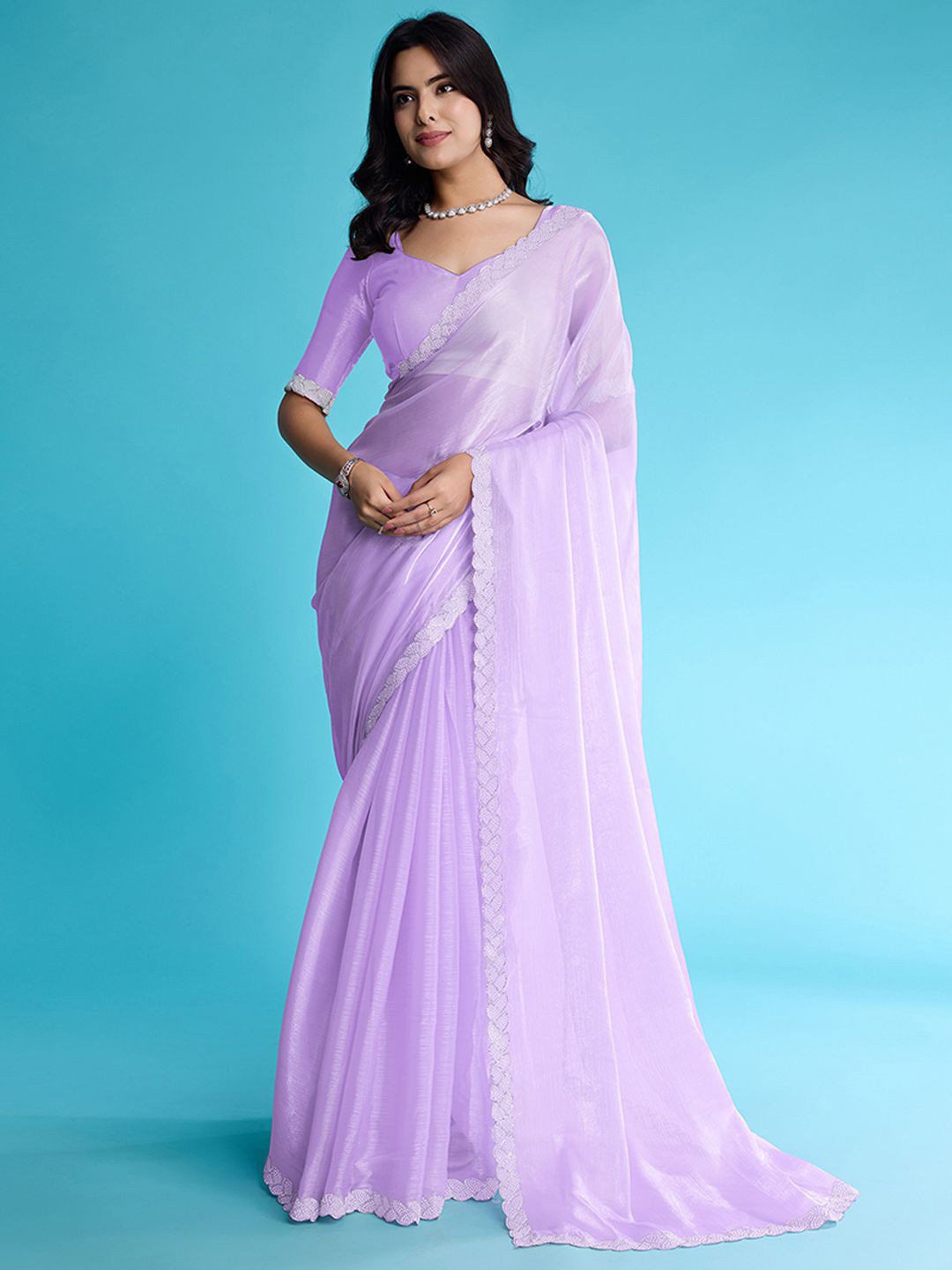 

Peachmode Beads and Stones Tissue Saree, Lavender