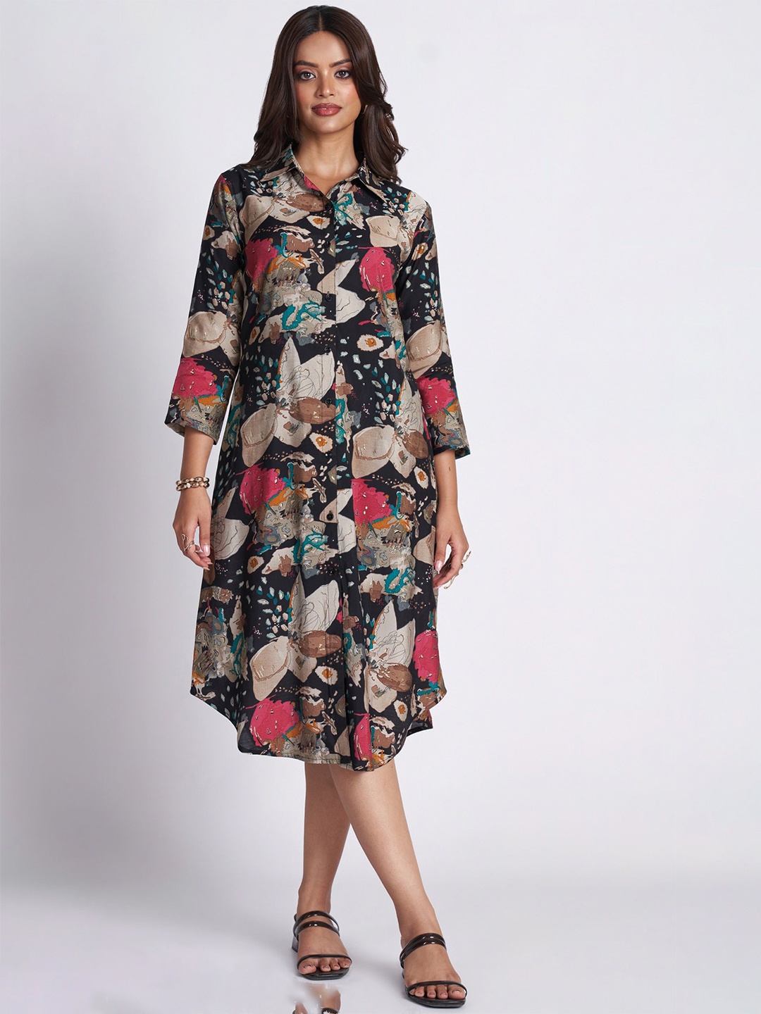 

FLOWERVELLY Floral Print Puff Sleeve Formal A-Line Midi Dress, Black