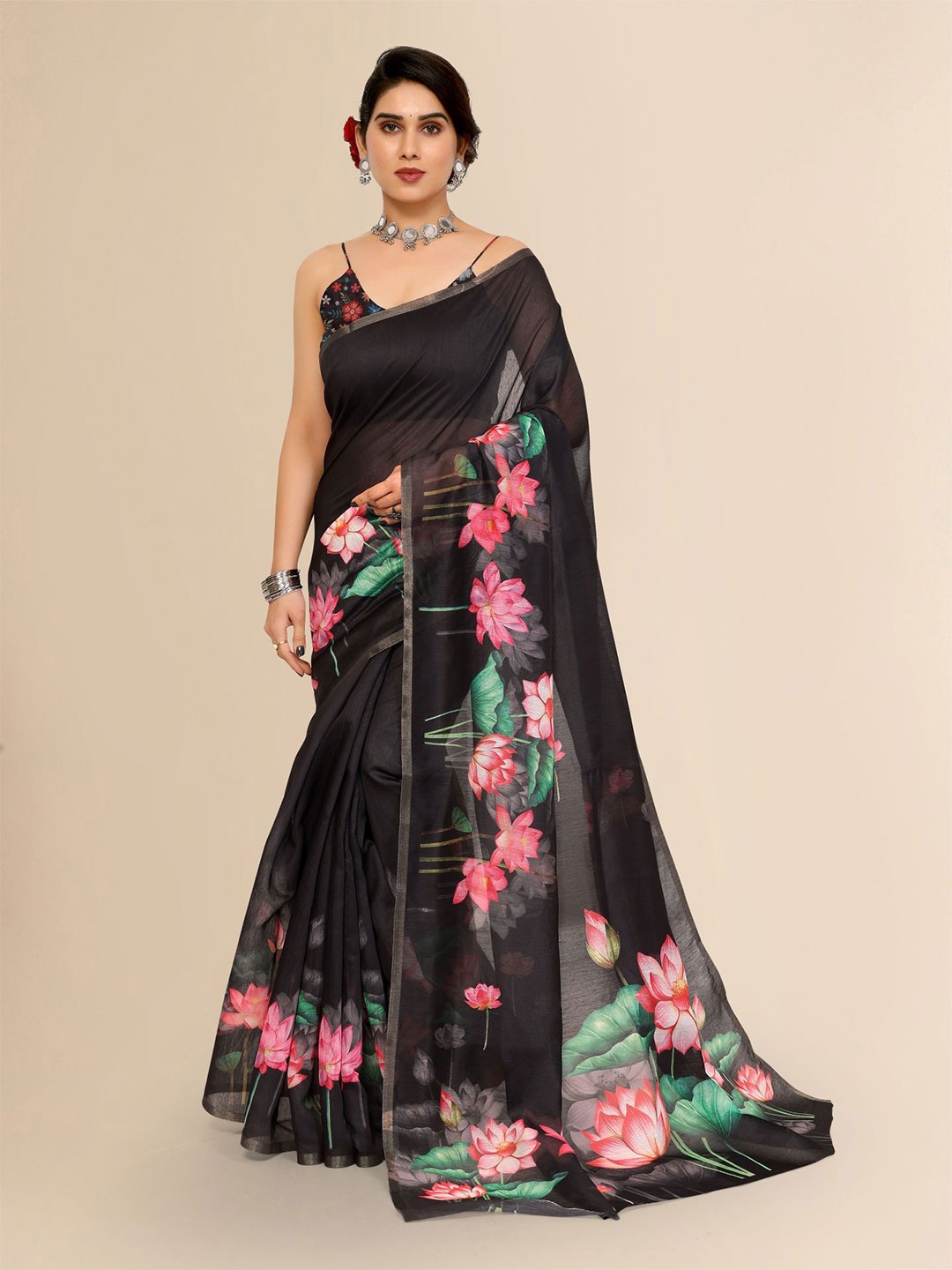

Moda Rapido Floral Zari Saree, Black