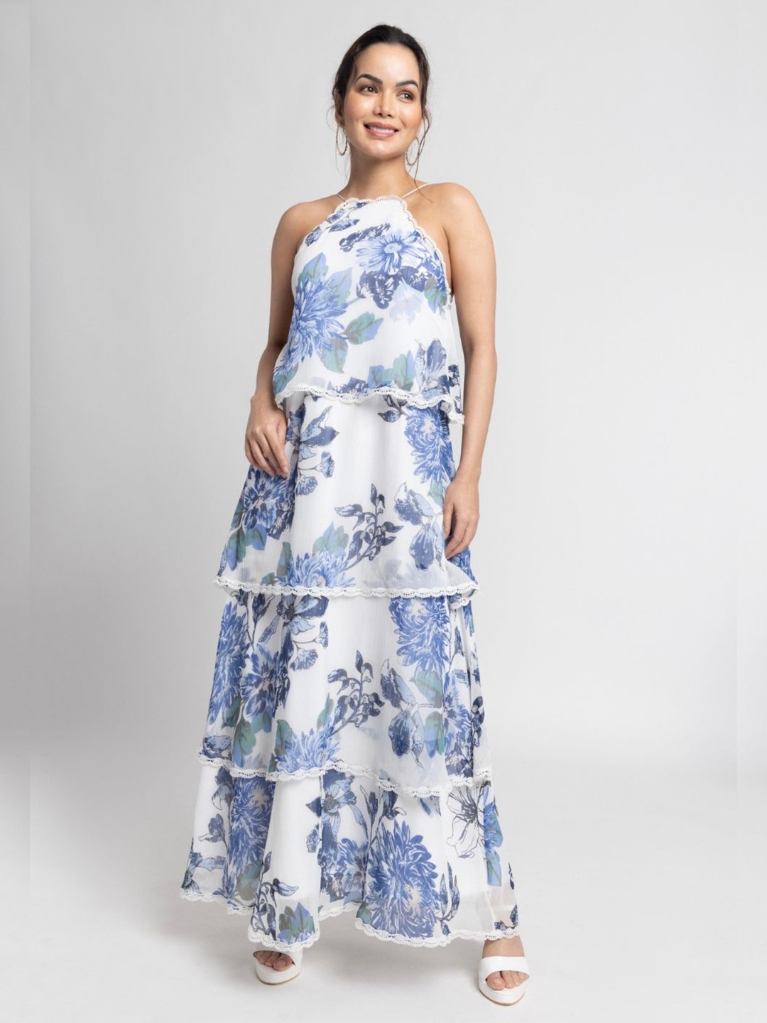 

JULO Floral Print Tie-Up Neck Chiffon Maxi Dress, White