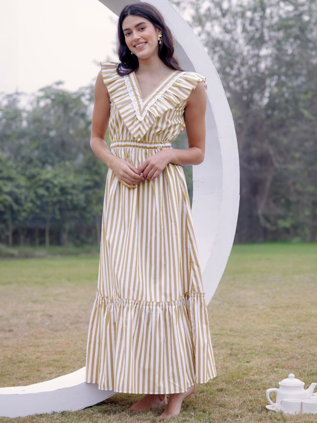 

JULO Striped Fit & Flare Maxi Dress, Beige