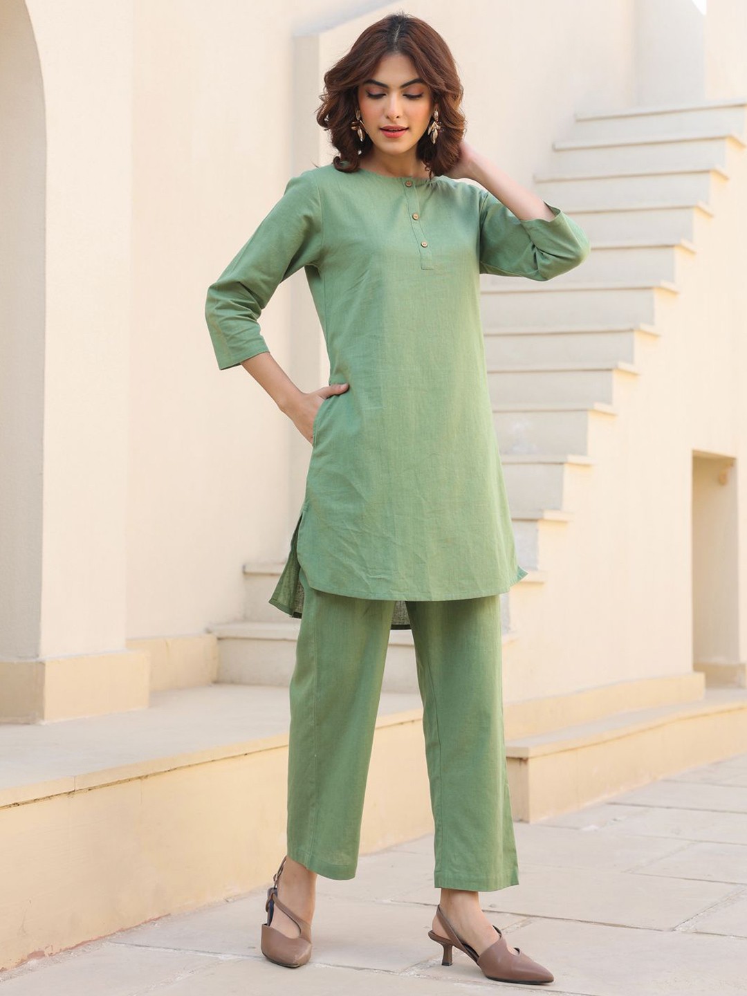 

Janasya Women's Green Cotton Solid A-line Co-ords Set