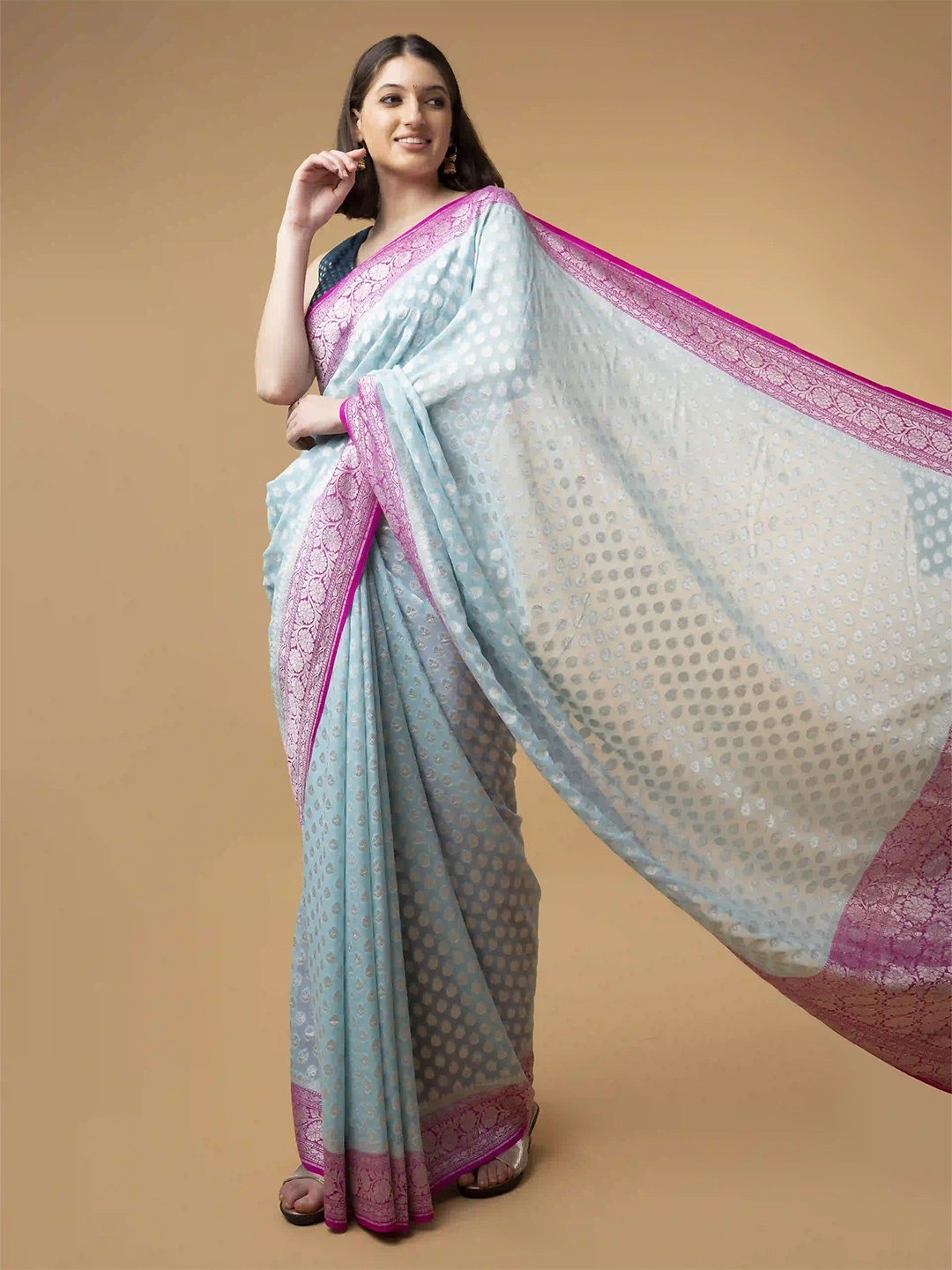 

SANJAR CREATION Woven Design Zari Pure Georgette Khadi Saree, Blue