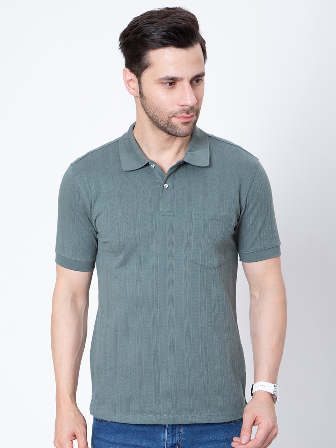 

Sparky Men Checked Polo Collar Pockets Slim Fit T-shirt, Green