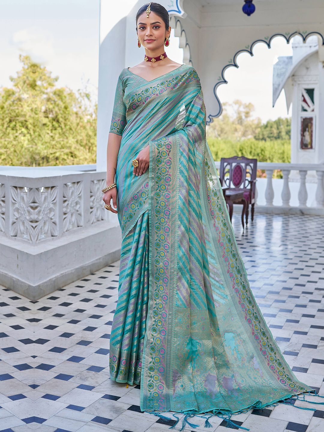 

Satrani Woven Design Zari Pure Silk Saree, Turquoise blue