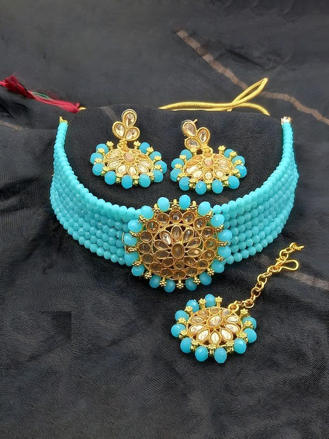 

JMBW INTERNATIONAL Set Of 2 Gold Plated Stone Studded & Beaded Jewellery Sets