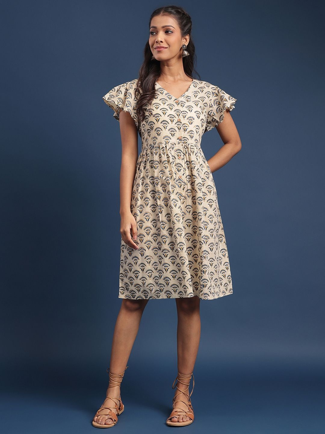

Taavi Bagru Printed Pure Cotton V Neck Dress, Beige