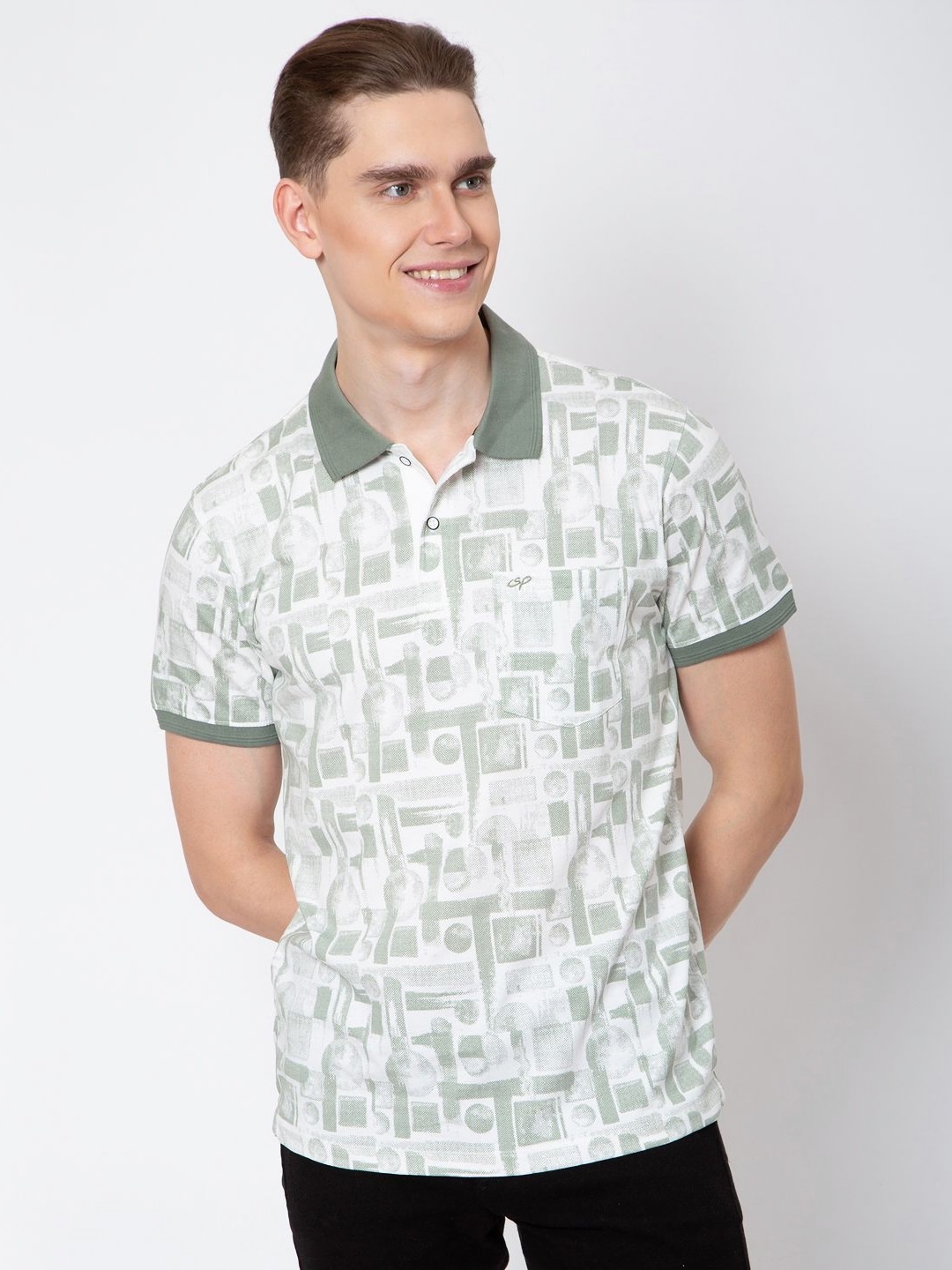 

Sparky Men Printed Polo Collar Pockets Slim Fit T-shirt, Olive