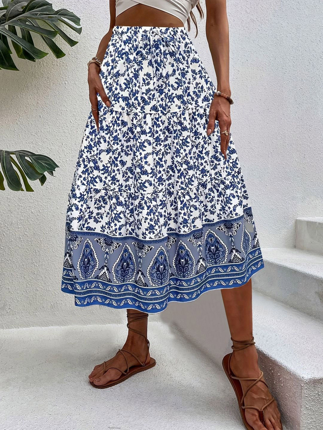

DressBerry Printed A-Line Maxi Skirt, Blue