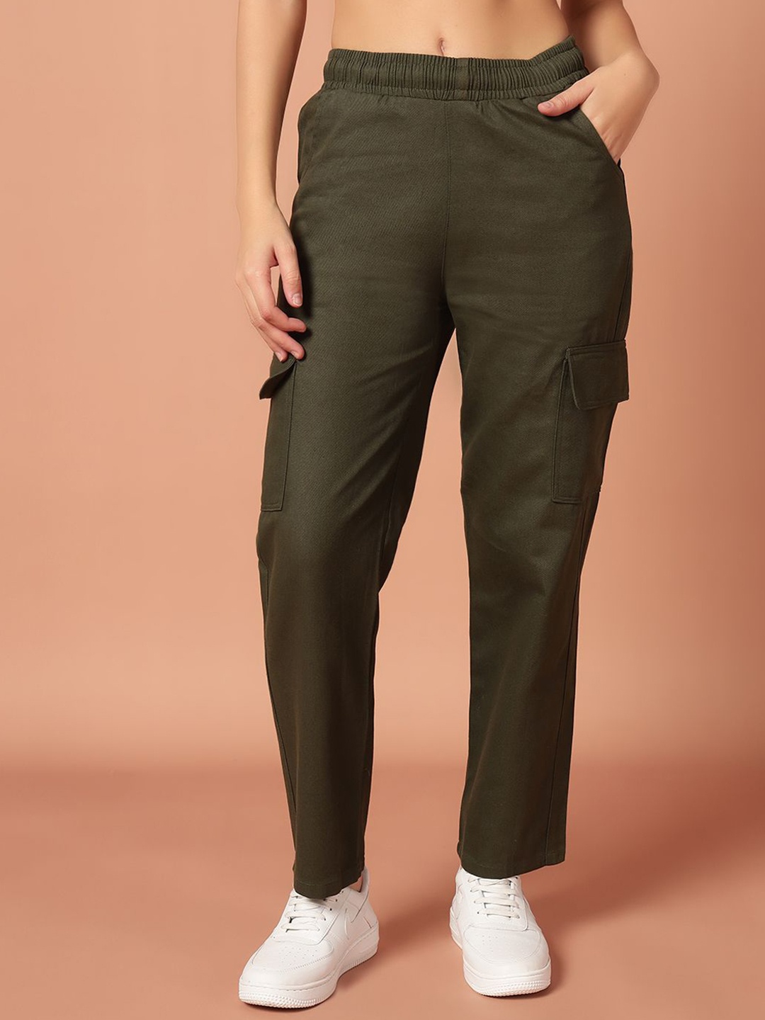 

Mast & Harbour Women Loose Fit High-Rise Easy Wash Cargos Trousers, Olive