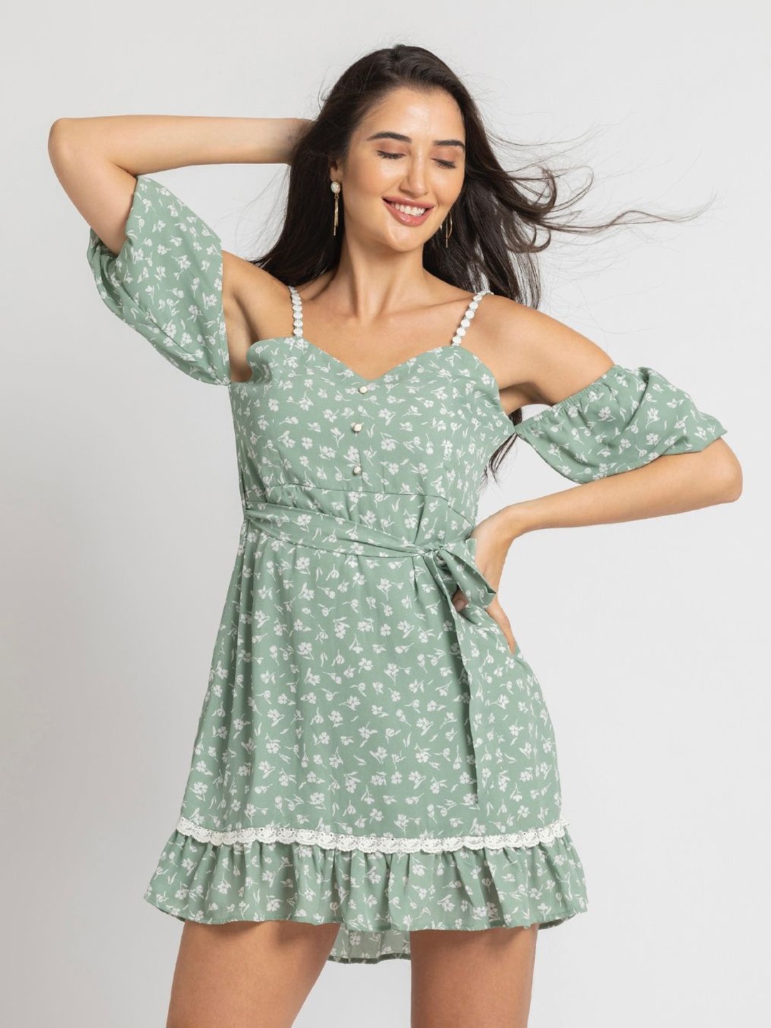 

JULO Floral Print Cold-Shoulder Fit & Flare Mini Dress, Green