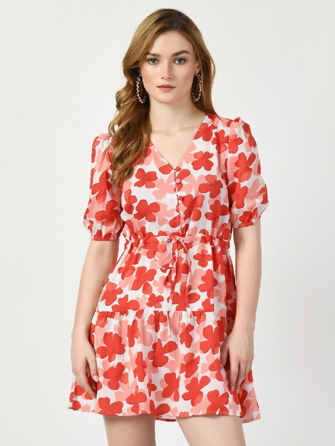 

COATTIRE Floral Print Puff Sleeve Crepe A-Line Mini Dress, Red