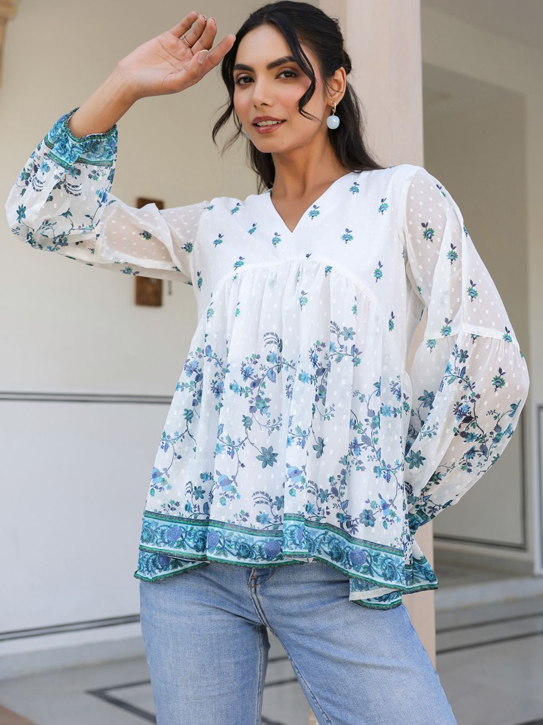 

Janasya Women's White Georgette Digital Print Flared Top
