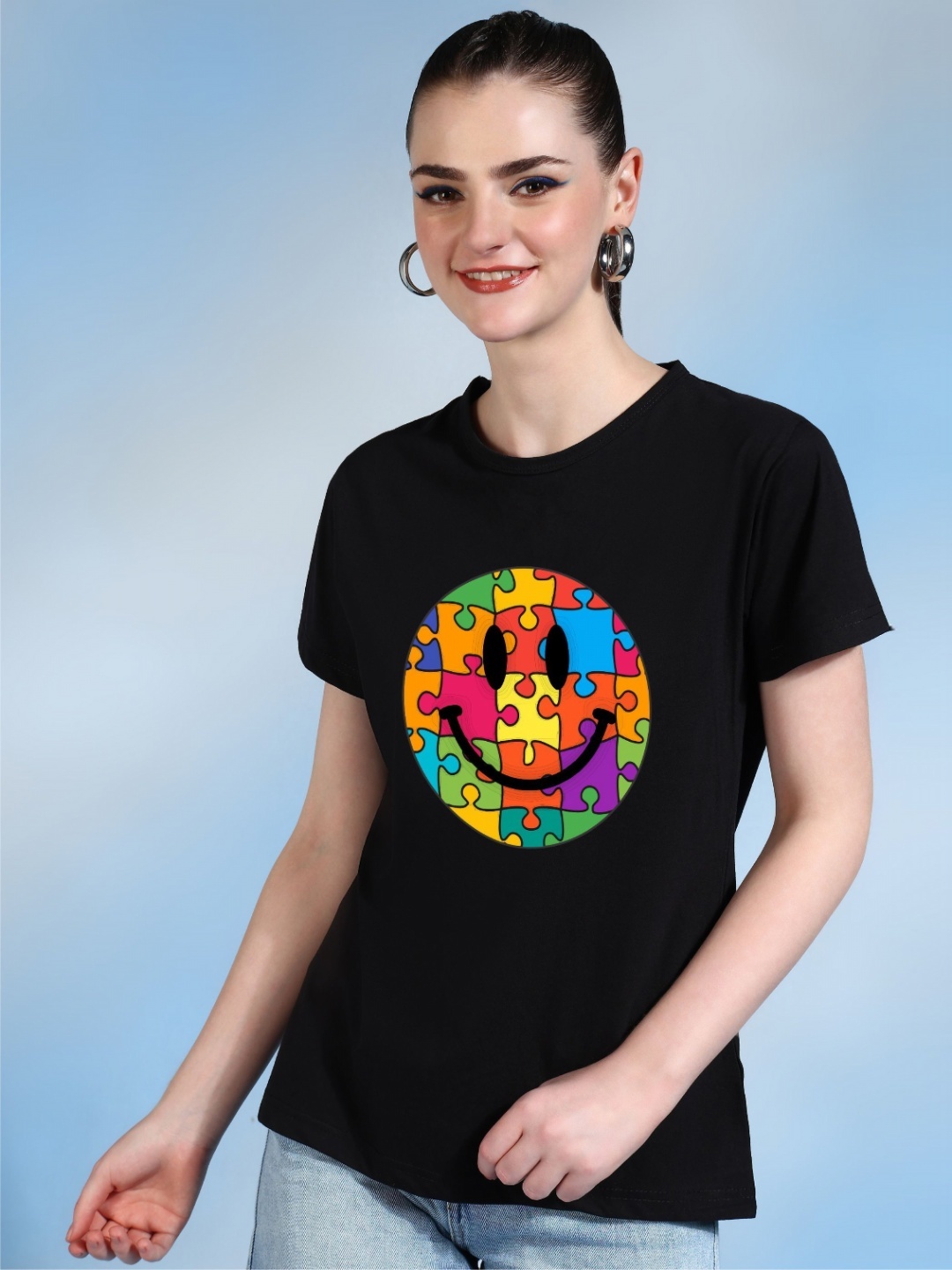 

Moda Rapido Women Printed Bio Finish Applique T-shirt, Black