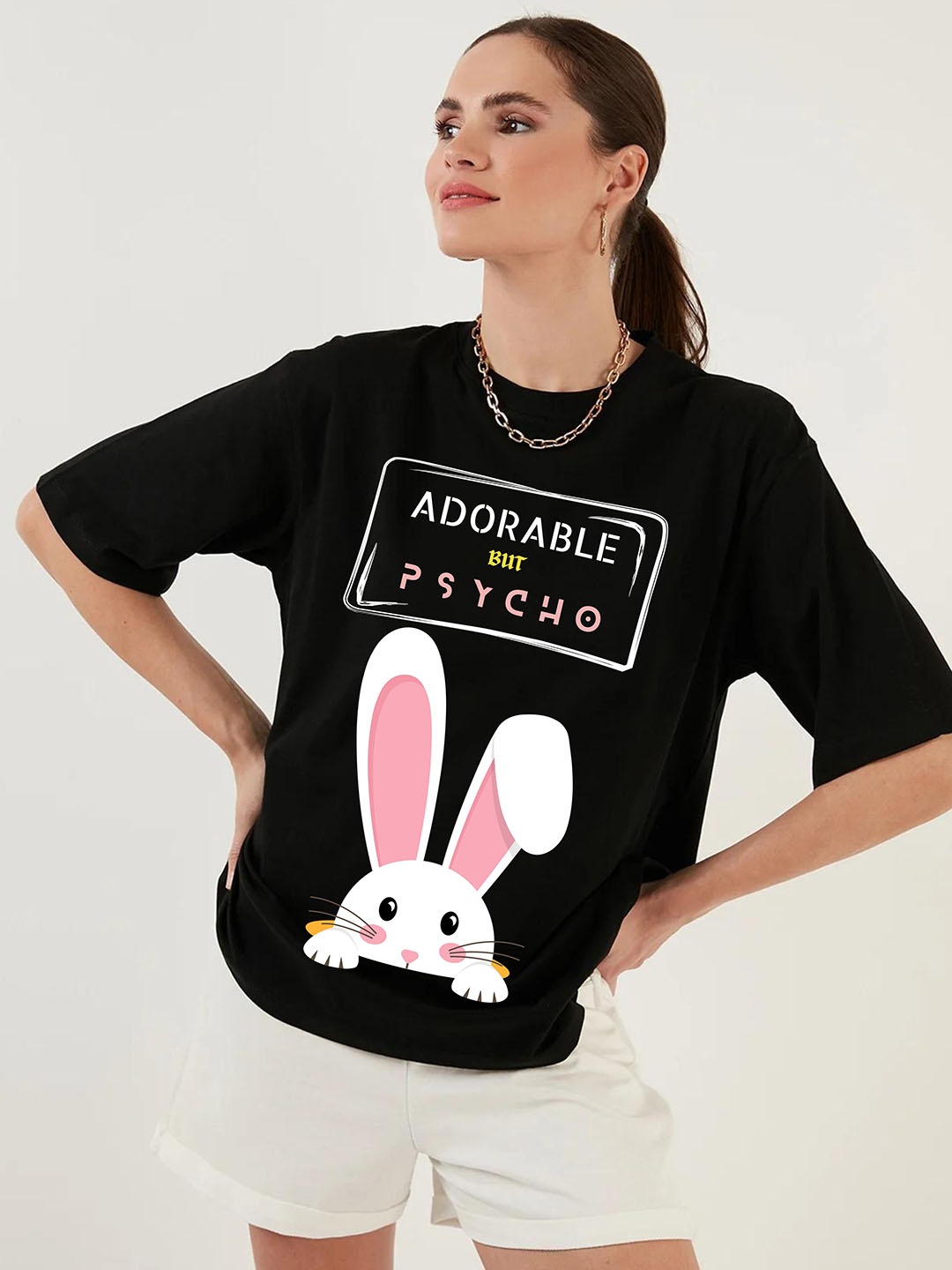 

RAYACLOSET Women Printed Extended Sleeves T-shirt, Black