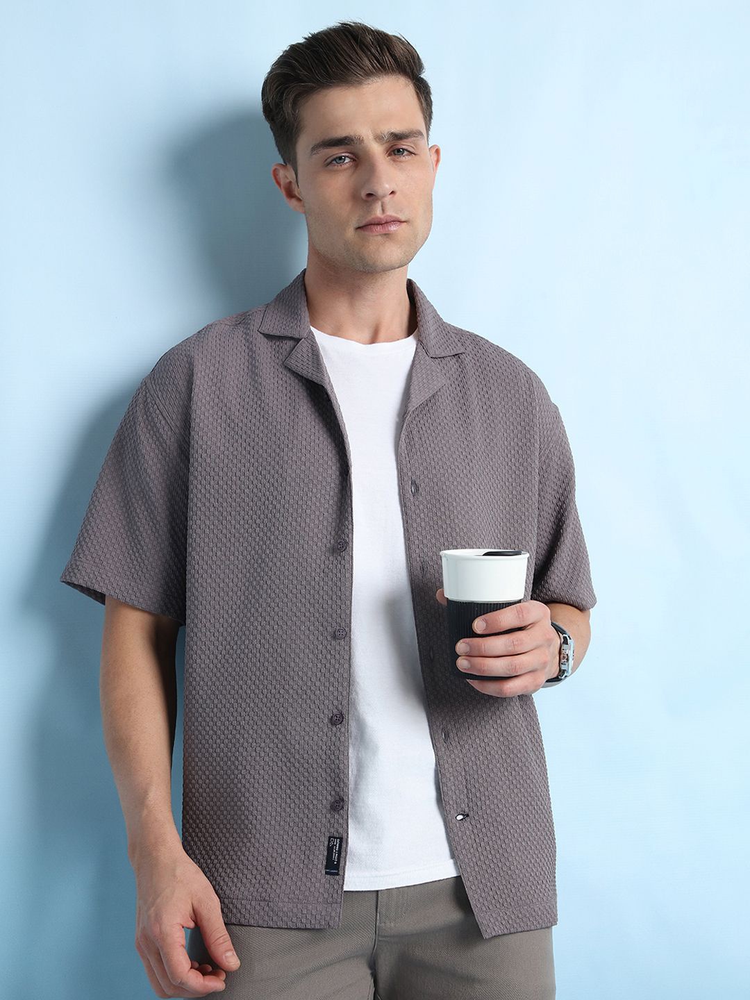 

Dennis Lingo Cuban Collar Textured Relaxed Fit Casual Shirt, Grey